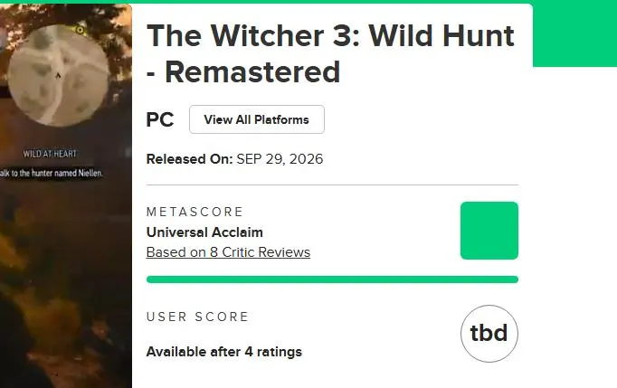 “The Witcher 3: Wild Hunt – Remastered” hits record metacritic review score