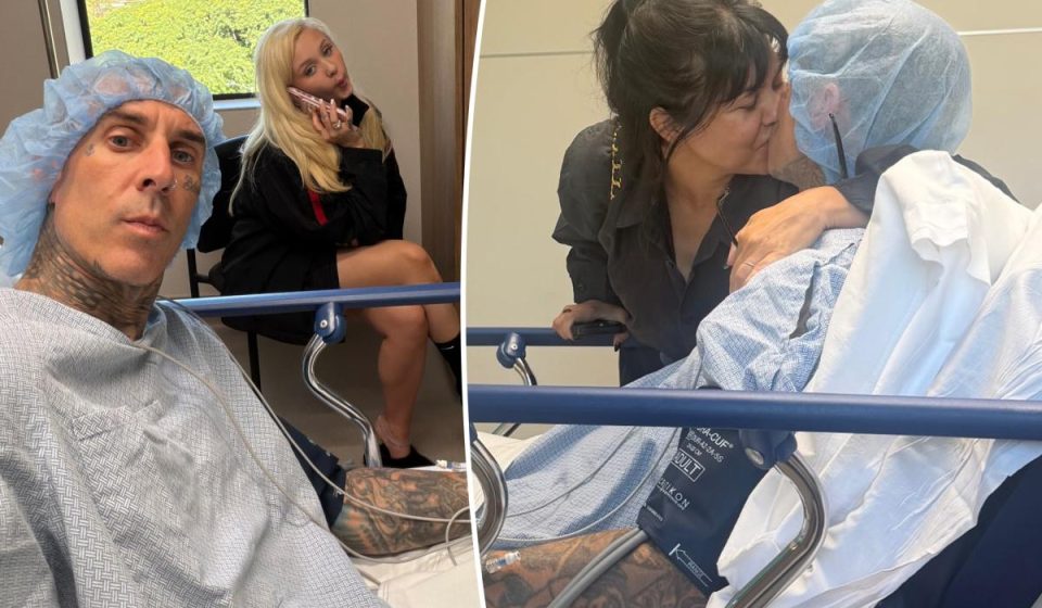 Travis Barker shares photos from a hospital bed as his wife Kourtney Kardashian stays by his side