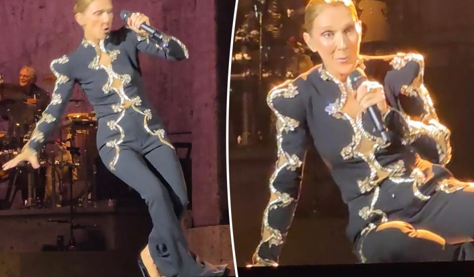 Celine Dion suffers a frightening fall on stage during her Paris residency