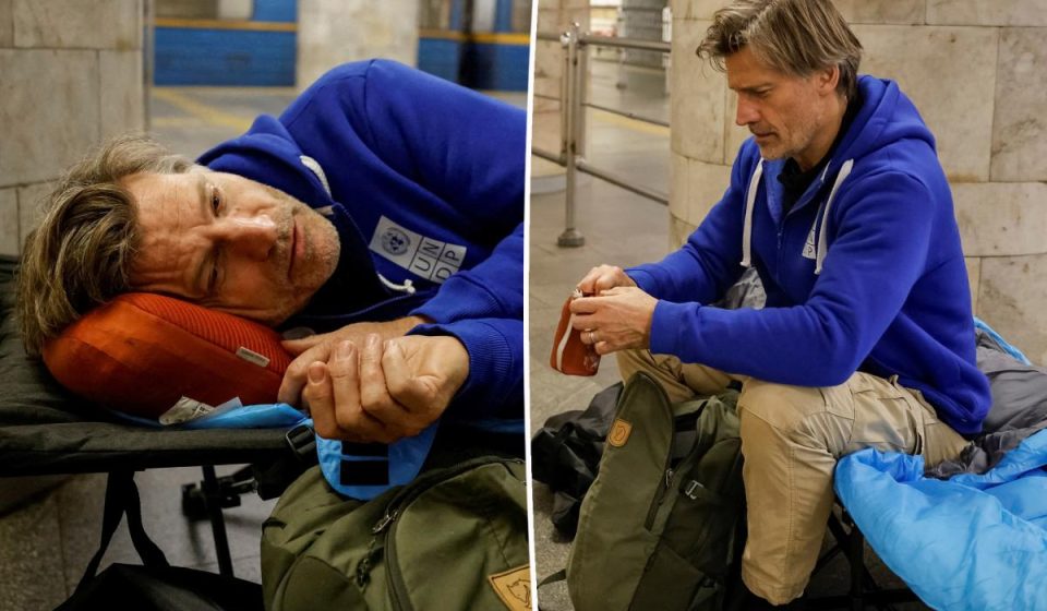 'Game of Thrones' star Nikolaj Coster-Waldau pictured hiding in Ukraine metro station amid threat of Russian air raid
