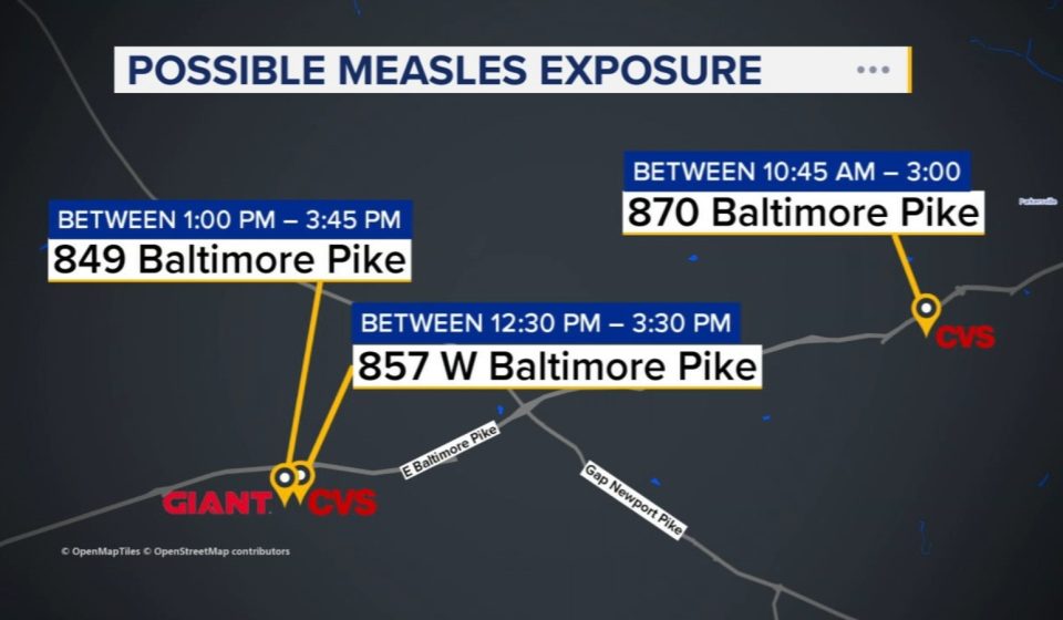 The public is being warned about possible exposure to measles at several stores in Chester County, Pennsylvania.