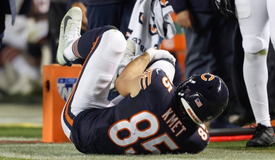 Chicago Bears tight end Cole Kmet out for the season after injuring his knee against the New England Patriots; fans react to loss