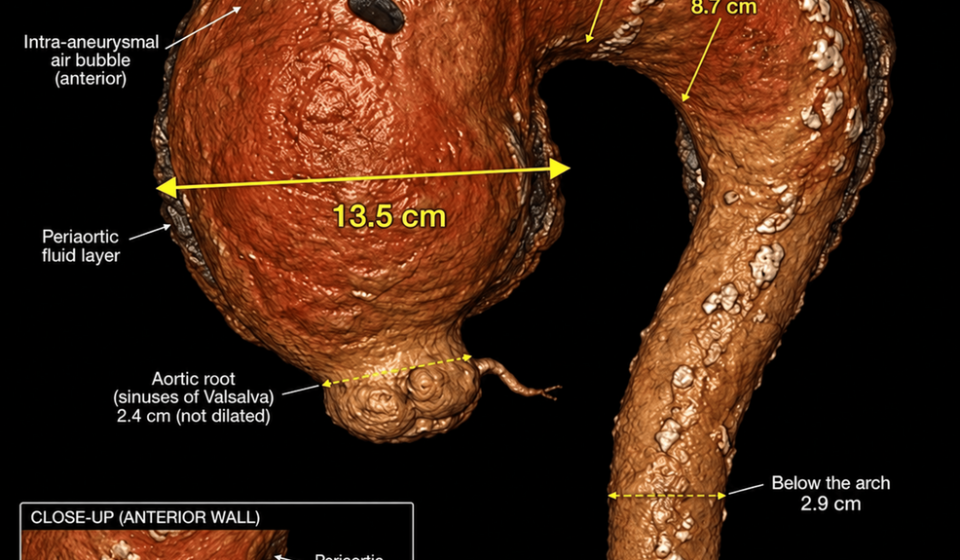 A giant atherosclerotic ascending aortic aneurysm (13.5 cm) with arch involvement successfully managed with total arch replacement with valve preservation: a case report - Cureus