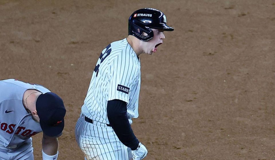Yankees bullpen catcher headbutts Ben Rice's grand slam on the fly in hilarious moment against Red Sox