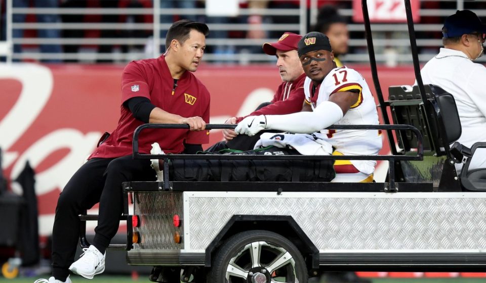Washington Commanders WR Terry McLaurin knocked off the field against the 49ers