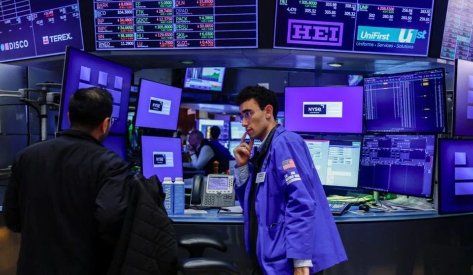 Stocks fall as dollar heads for weekly loss