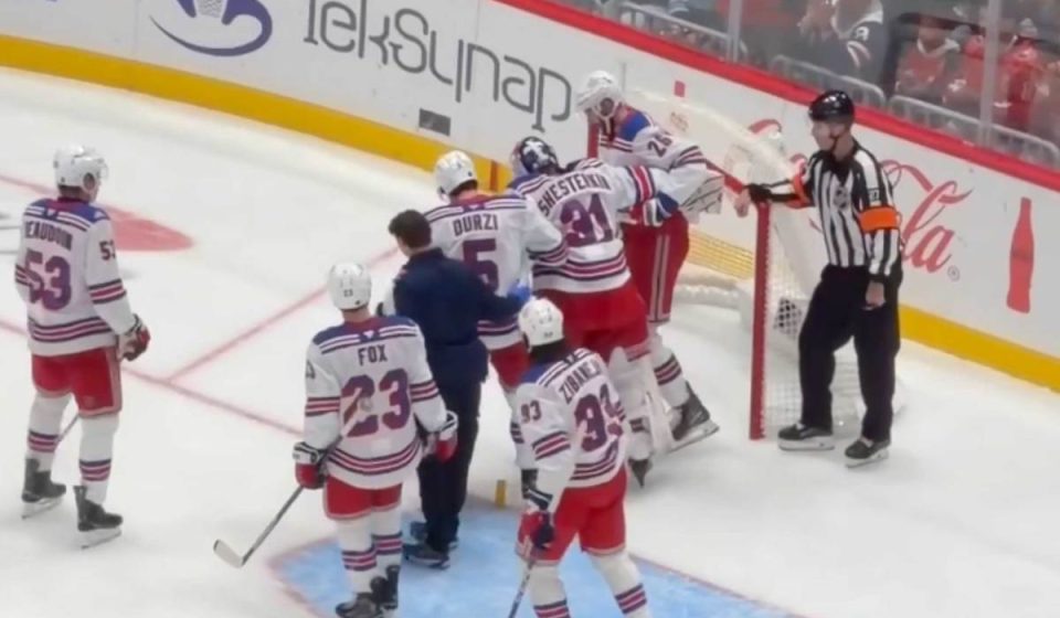 Igor Shesterkin leaves Rangers-Capitals game after scary lower-body injury