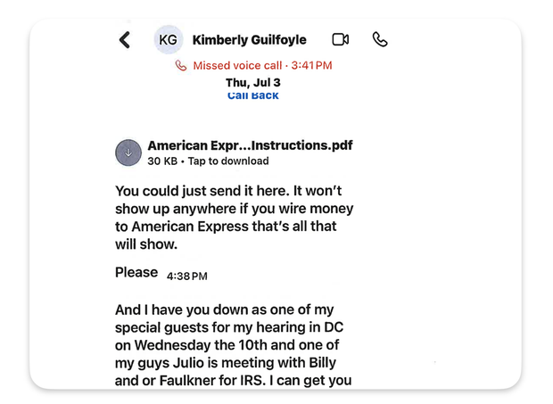 Kimberly Guilfoyle's associate says when she asked him for $100,000 it was a 'quid pro quo'