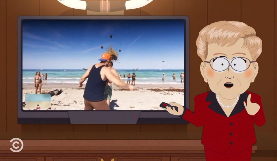 The latest episode of South Park features exclusive footage from GTA 6 where a man is hit in the head with dog poop.