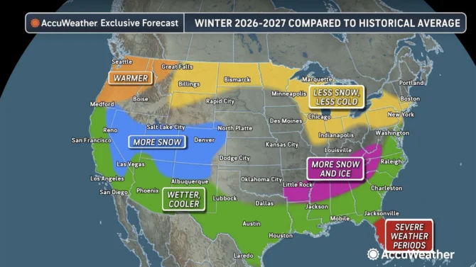 El Niño forecast map shows which states are likely to see the most snow this winter