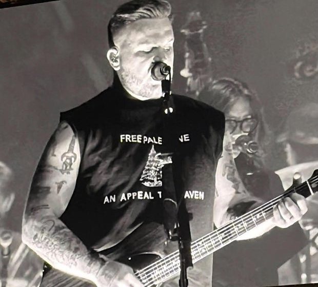 Zach Bryan wears a "Free Palestine" t-shirt during a concert at Gillette Stadium weeks after the Macklemore-Robert Kraft controversy